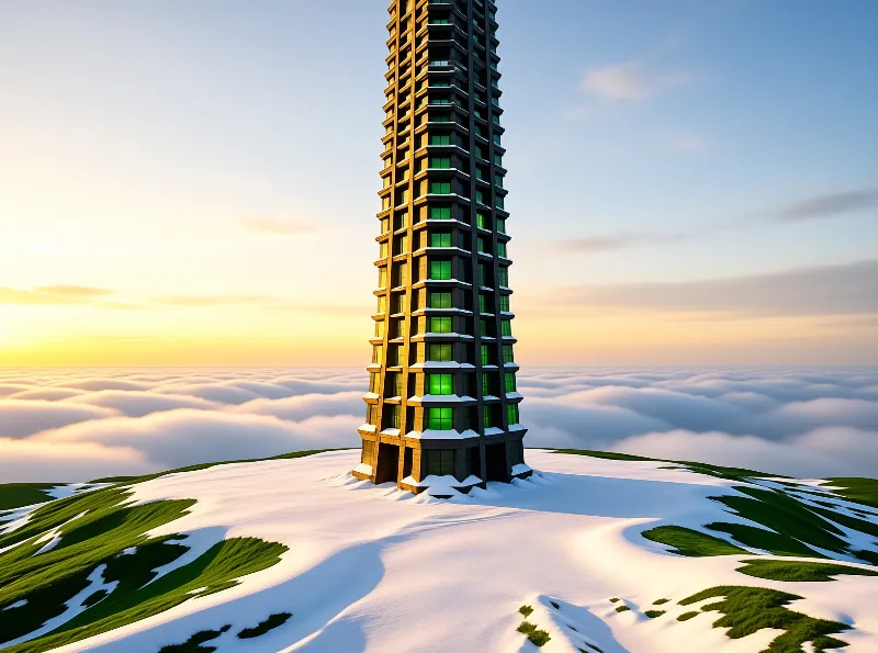 A tall building with green windows stands on a snowy hill overlooking a massive sea of clouds under a sunset sky.