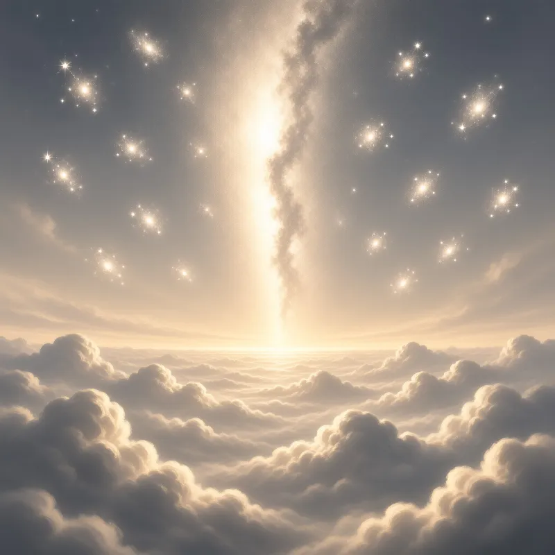 Sunlit vapor banks stretch beneath a glittering column of light that pierces a star filled dusk sky.