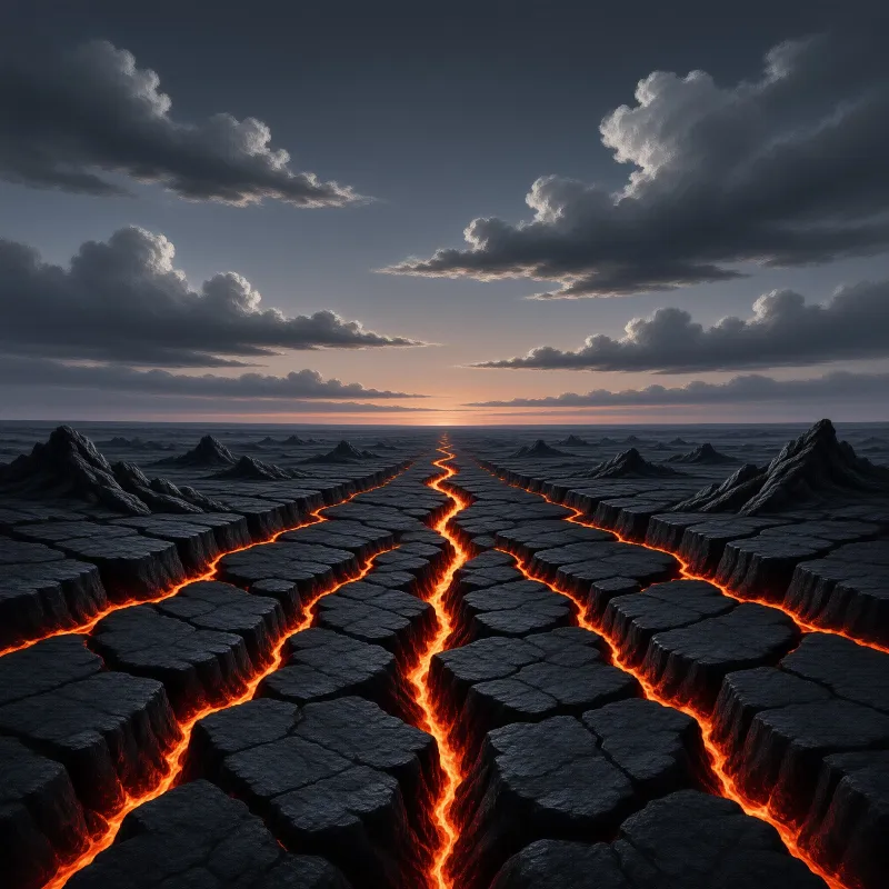 Orange magma winds through cracks in a vast field of dark hexagonal basalt columns under a cloudy twilight sky.