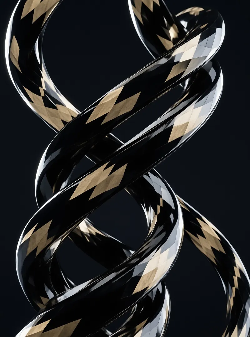 Glossy black and gold bands twist in a geometric pattern against a dark background with light reflections.