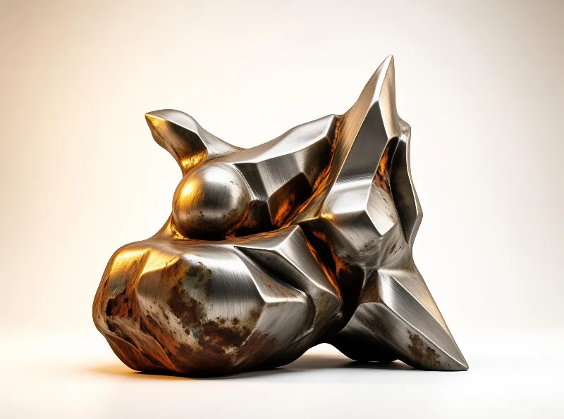 A twisted polished steel form sits on a neutral background, showing dark bronze corrosion along its curves and peaks.