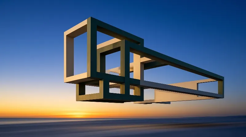A complex open geometric sculpture hovers above an empty still salt flat under warm golden sunset light.