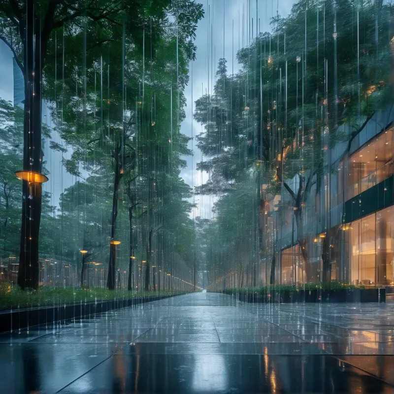 A wet paved path stretches between tall trees and a building with glowing windows during heavy rain.