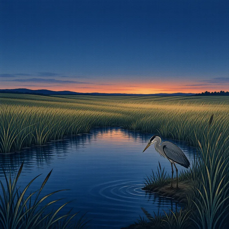 A large wading bird perches by a calm river reflecting the orange glow of the setting sun.