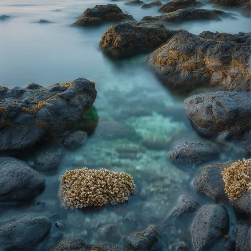 Dark rocks with yellowish algae frame clear blue water revealing underwater coral-like structures