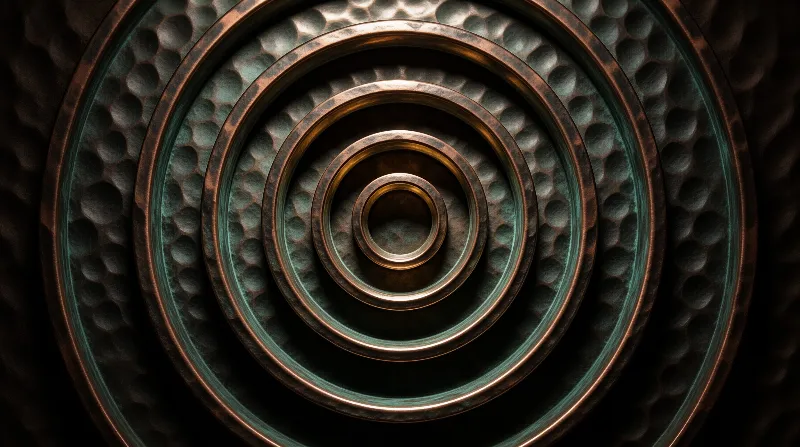 Several concentric rings of hammered copper metal display a greenish patina texture fading into shadow.