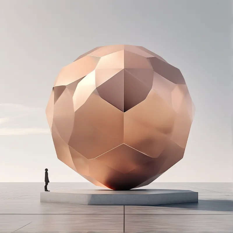 A giant polygonal bronze orb balances on a low grey base while a lone distant figure lends it scale.