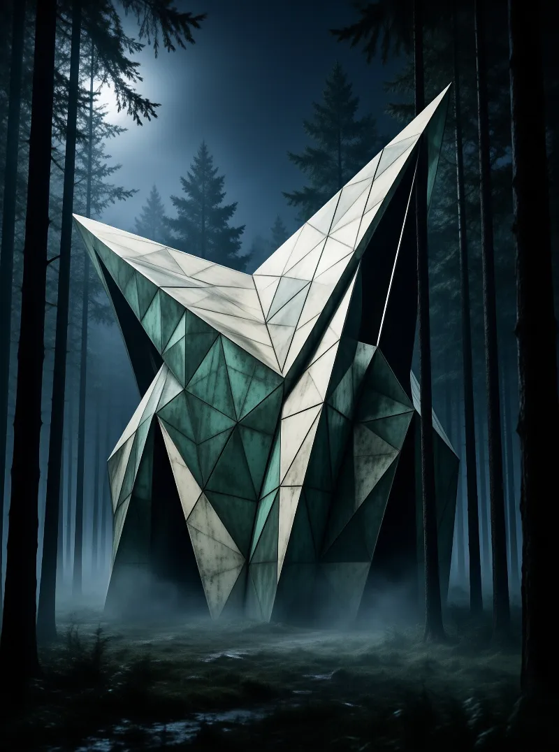 A large angular fox figure built from flat metallic planes stands among dark conifers under a low moon and drifting fog.