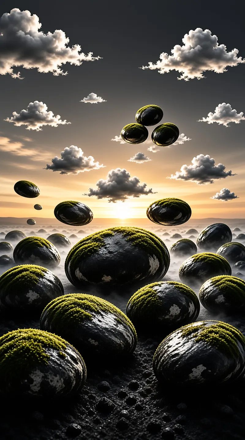 Large smooth black spherical rocks covered with bright green moss float above a dark ground near a glowing golden sunrise.
