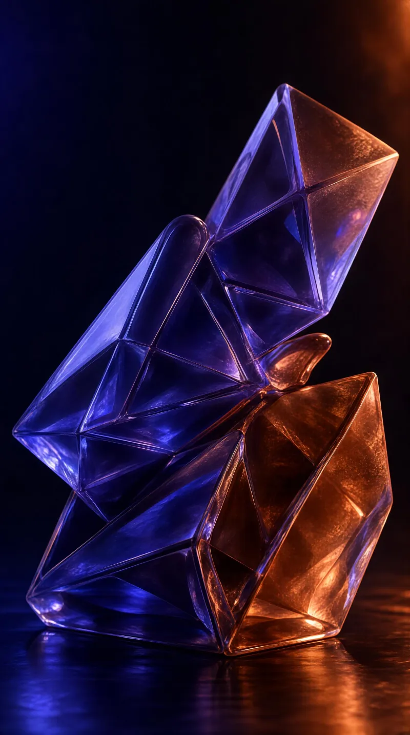 A geometric crystalline sculpture with triangular prism shapes set against a dark background, featuring dramatic purple and copper illumination that highlights its transparent structure.