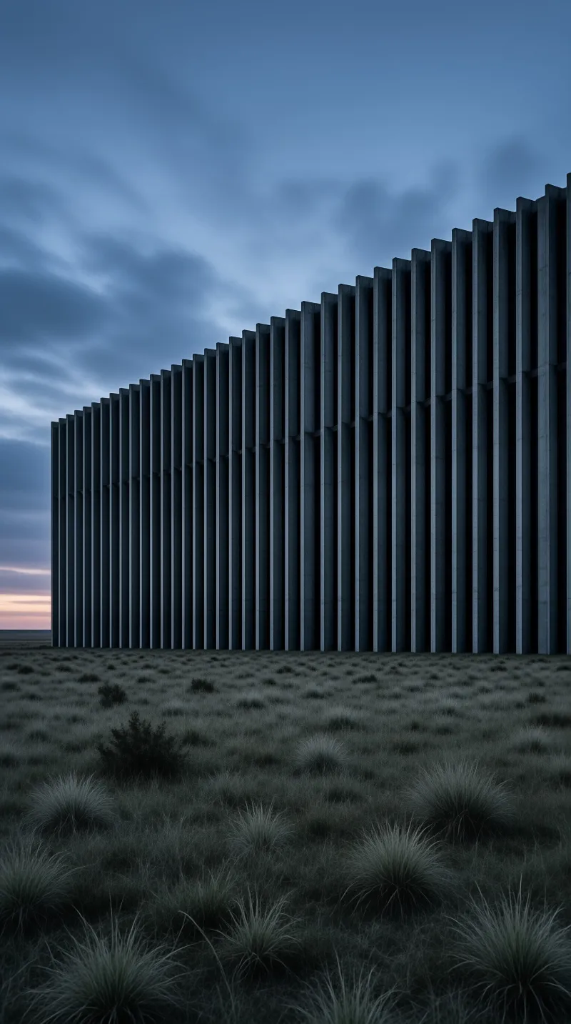 A long wall of vertical concrete slats rises from a grassy plain beneath a deep blue sky with faint sunset light.