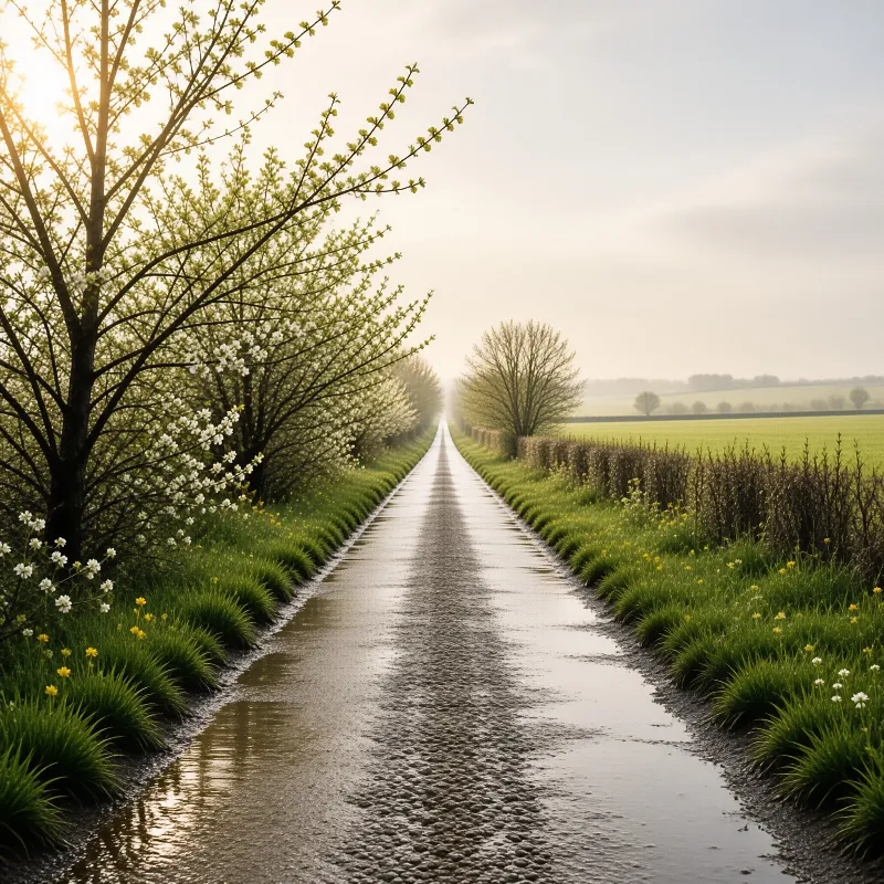 A wet gravel country lane stretches towards the horizon flanked by flowering branches and green fields under a bright sky.