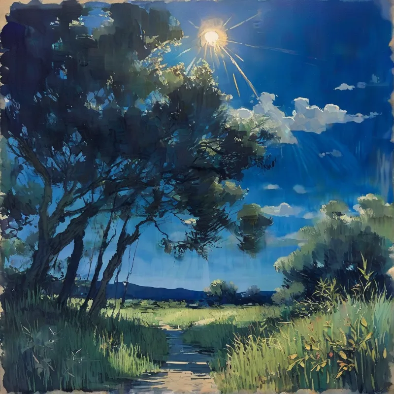 A winding path leads through green fields toward distant mountains beneath a bright sun shining through scattered clouds