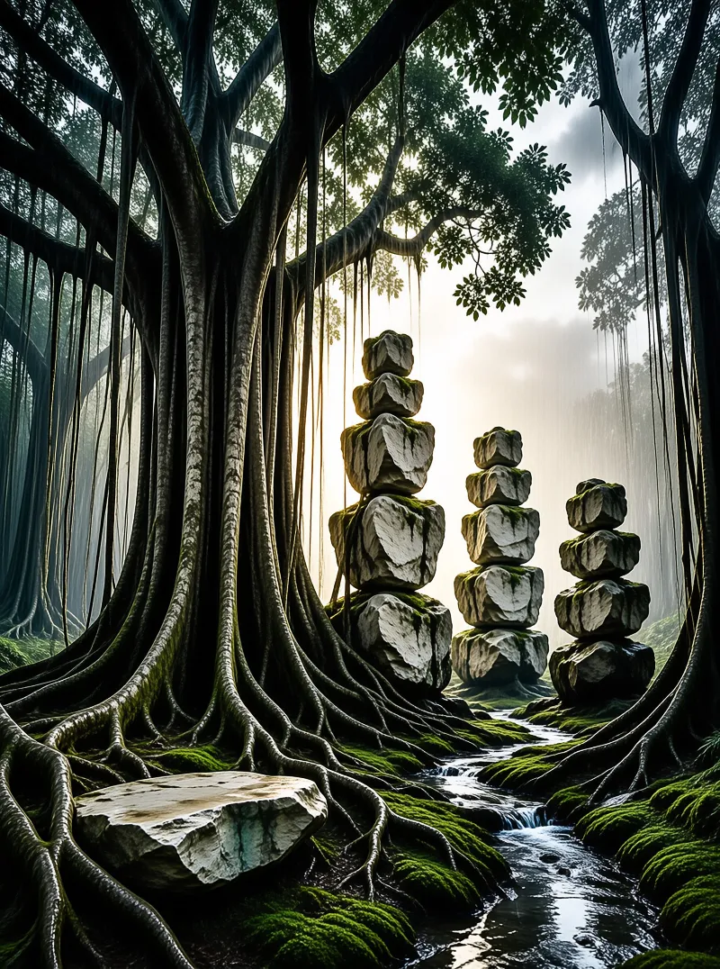 Massive banyan roots frame moss covered stone stacks beside a small stream in soft forest haze