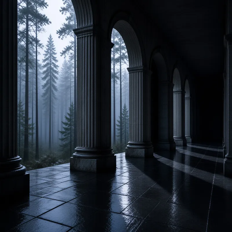 A shadowy stone colonnade opens to a foggy pine forest, its glossy tiled floor reflecting the dim cool blue ambient light.