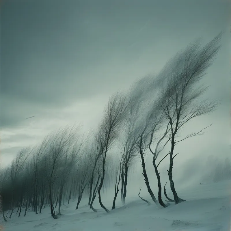 Snowy Trees Bending in Wind