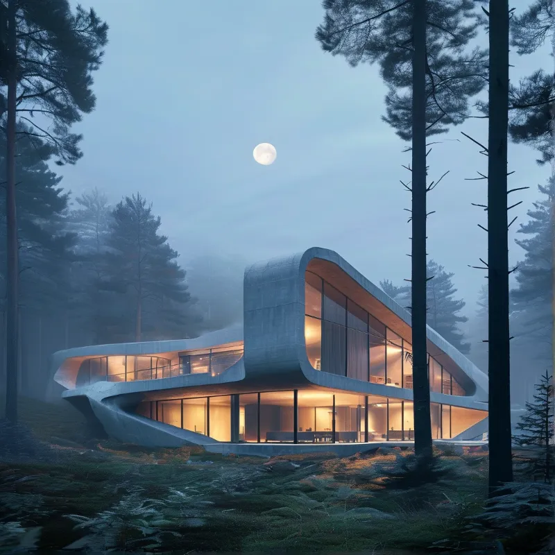 Curved Concrete House in Pine Forest