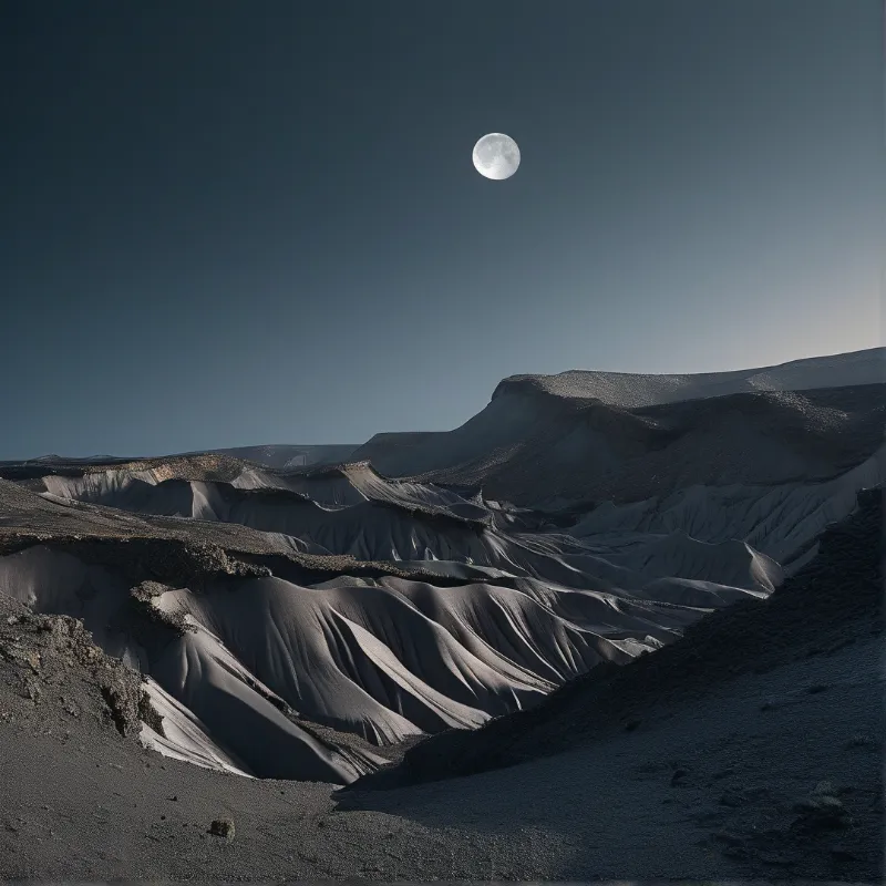 A bright moon hangs above a dark desert landscape featuring deep valleys and eroded sand ridges lit by pale light.