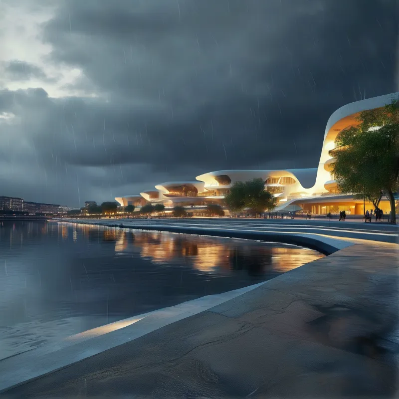 A futuristic white building with curved roofs stands beside a calm river while rain falls under a dark cloudy sky.