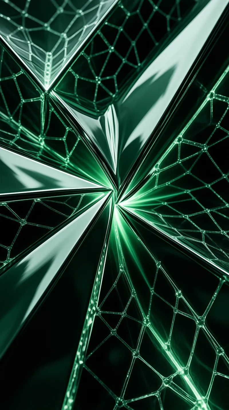 Angled translucent green crystalline planes radiate from a bright central node, forming a symmetrical geometric grid against deep dark space.