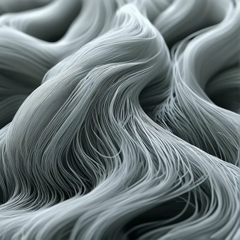 White fibrous strands flow and twist together creating smooth curves and shadows in gray.