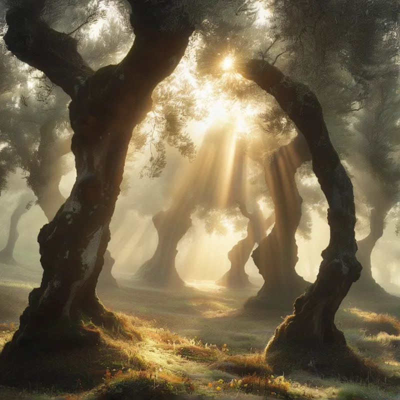 Twisted old trees form a natural arch framing golden sunbeams piercing through foggy mossy woodland.