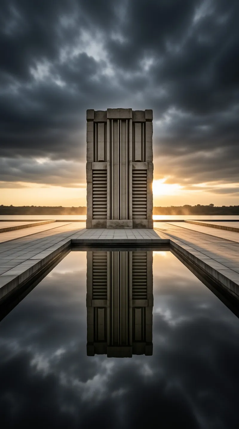 A fluted stone memorial closes a long water channel as golden light breaks beneath heavy clouds.