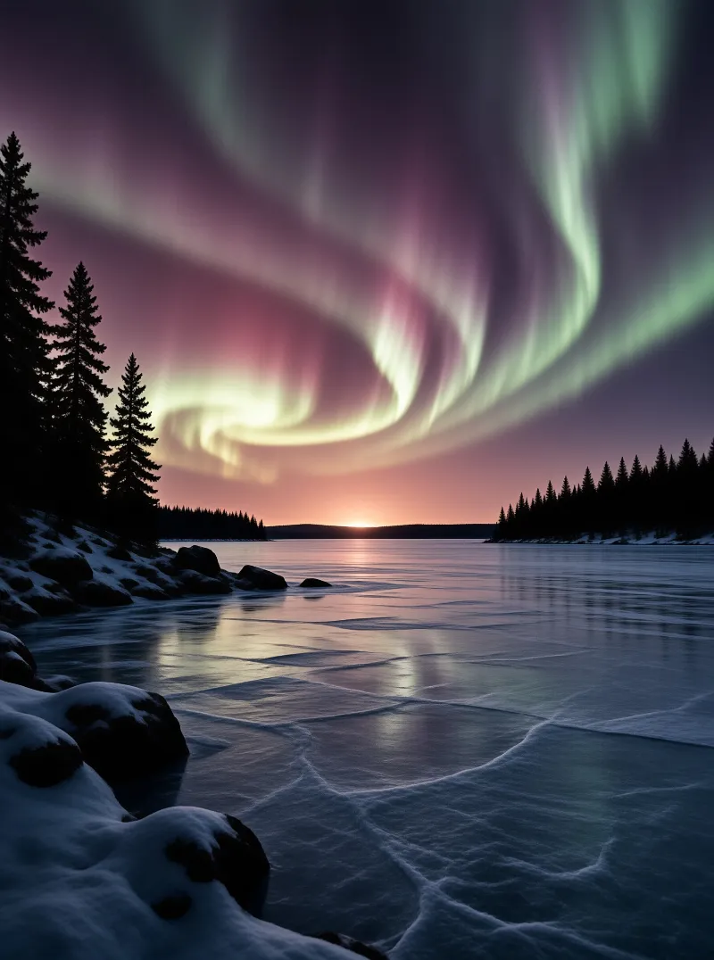 Swirling green and purple aurora lights dance above a frozen lake surrounded by dark pine trees under a fading sunset.
