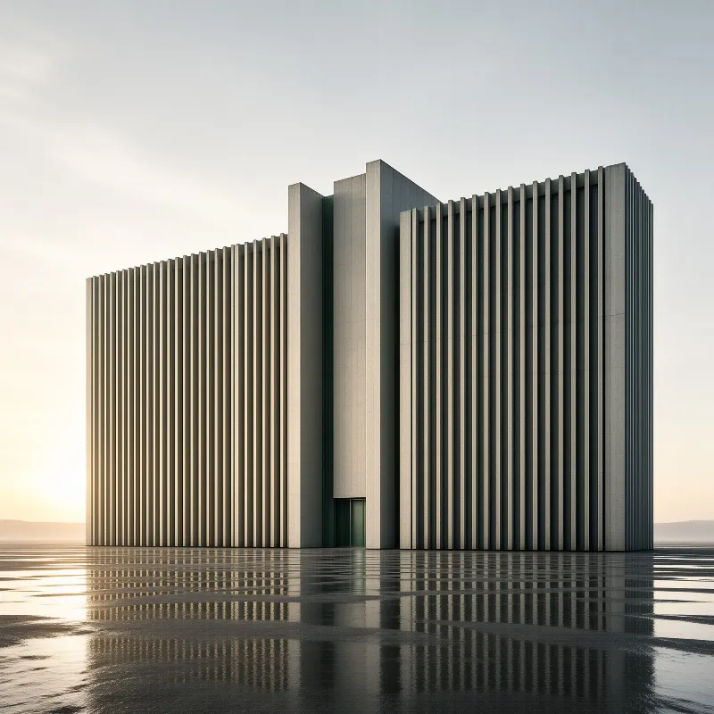A tall monolithic building with vertical concrete ridges stands on a flat reflective salt lake under pale dawn light.