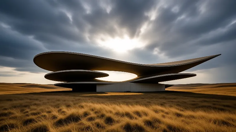 A futuristic multi-tiered building stands in golden grass under a dramatic cloudy sky.