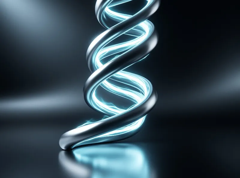 Smooth silver strands twist around a radiant cyan core on a dark glossy surface