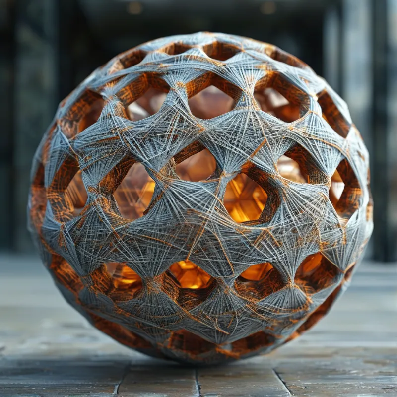 A spherical wooden lattice structure filled with intricate string webbing sits on a wooden surface, glowing with warm interior light.