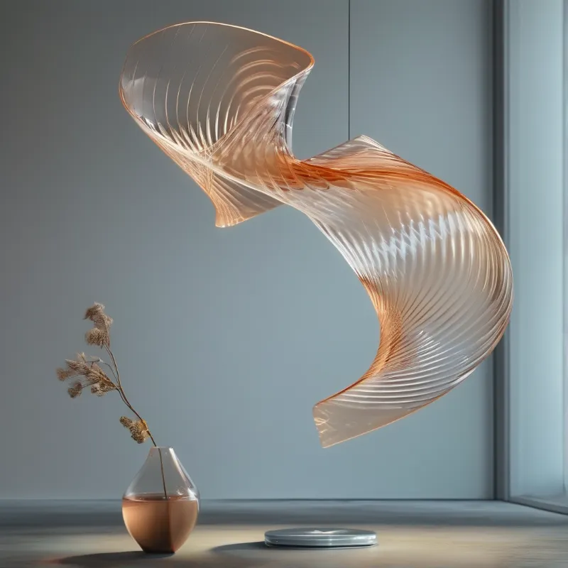 A ribbed translucent amber sculpture hovers suspended in a minimalist room above a small glass vase containing dried stems.