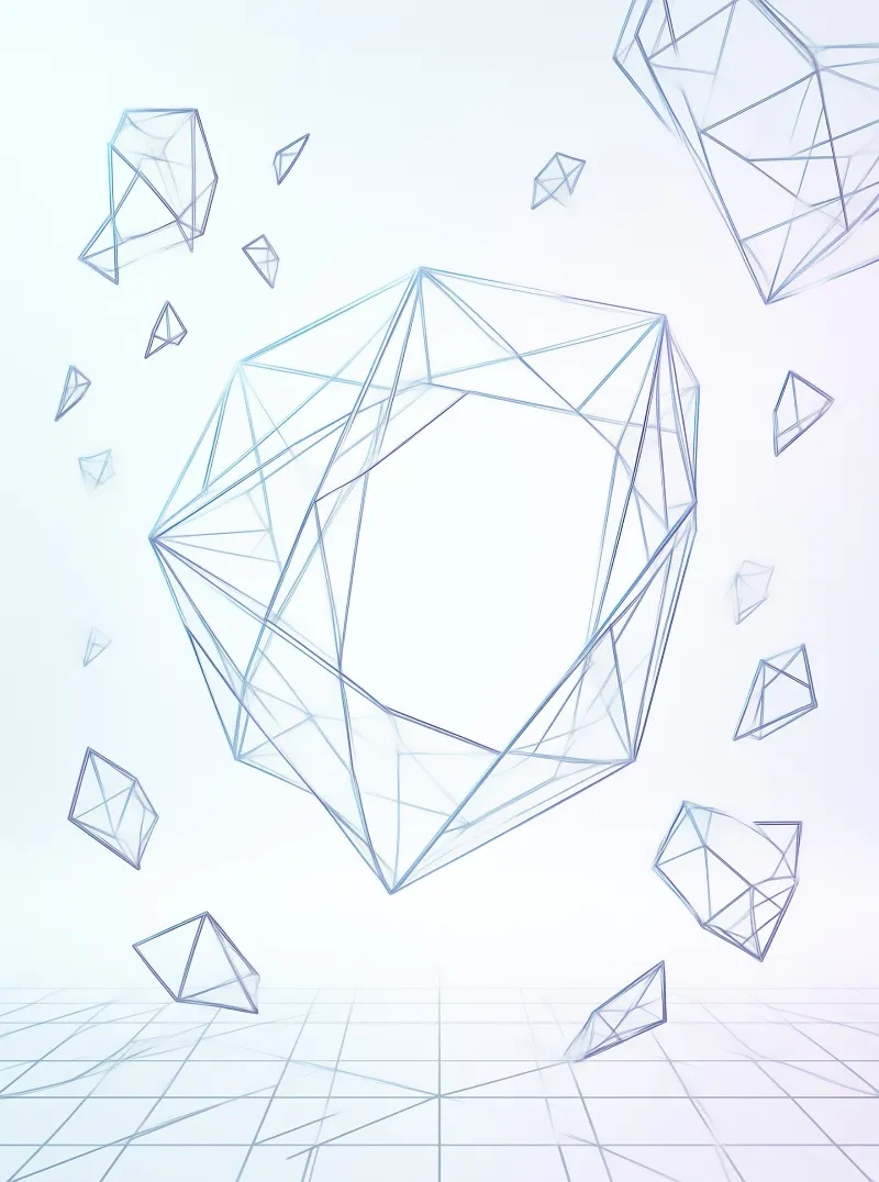 A large blue geometric wireframe model sits centrally above smaller fragments floating over a grid.