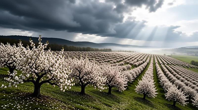 Rows of white flowering trees stretch across green fields under a sky with dark clouds and bright beams of sunlight.