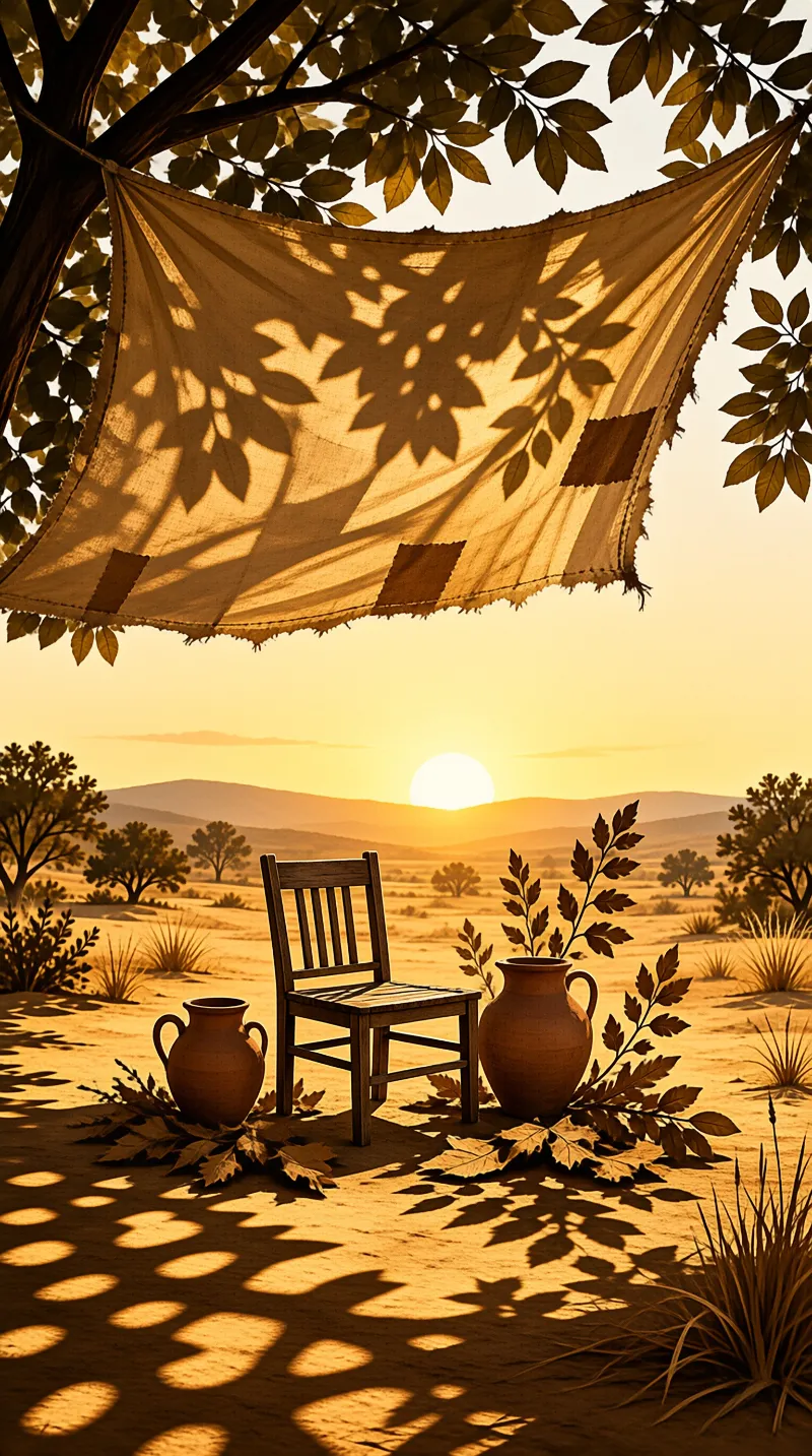 A wooden chair sits beneath a patched canvas in a sandy desert at sunset, casting long shadows.