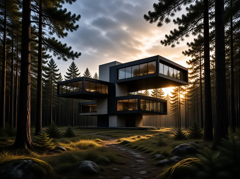 Modern Forest House at Sunset