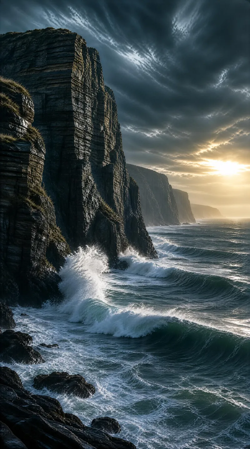 Coastal Cliffs and Ocean Waves at Sunset