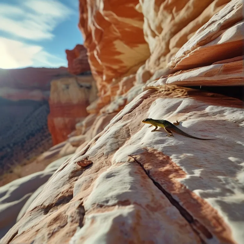 A small green lizard stands on a textured orange rock formation under bright sunlight.
