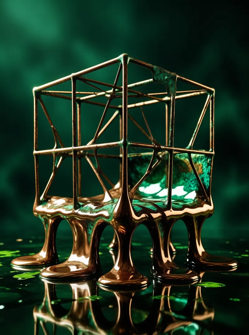 A bronze wireframe cube drips onto a mirror floor while emerald liquid pools inside its sagging lower frame.