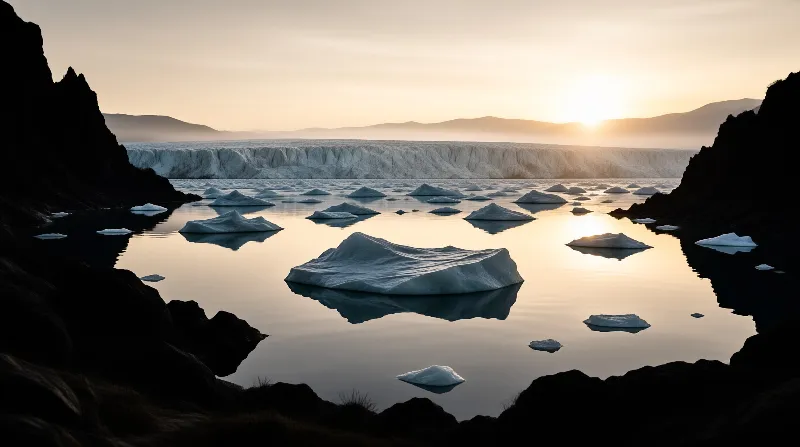 A massive glacier face overlooks calm water filled with floating icebergs and dark rocky shores beneath a bright sunrise.