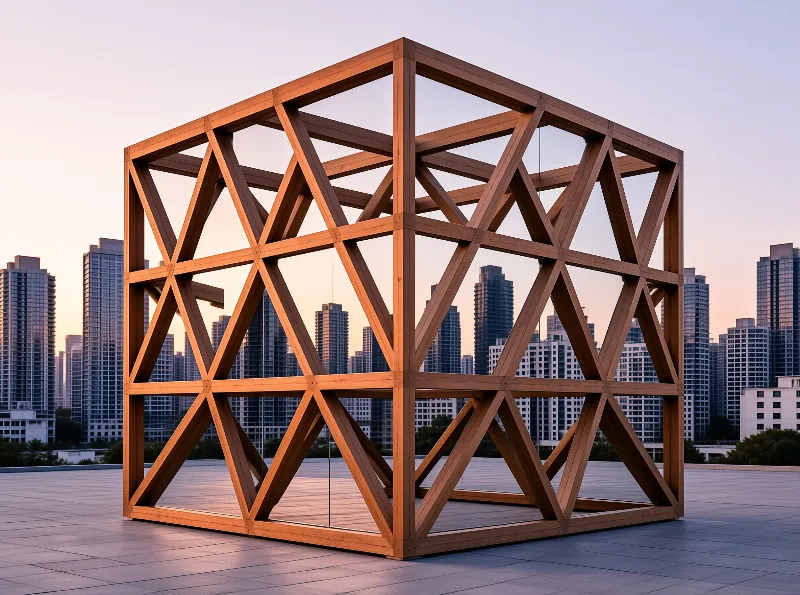 A large wooden cube frame sits on a paved terrace with a city skyline in the background at dusk.