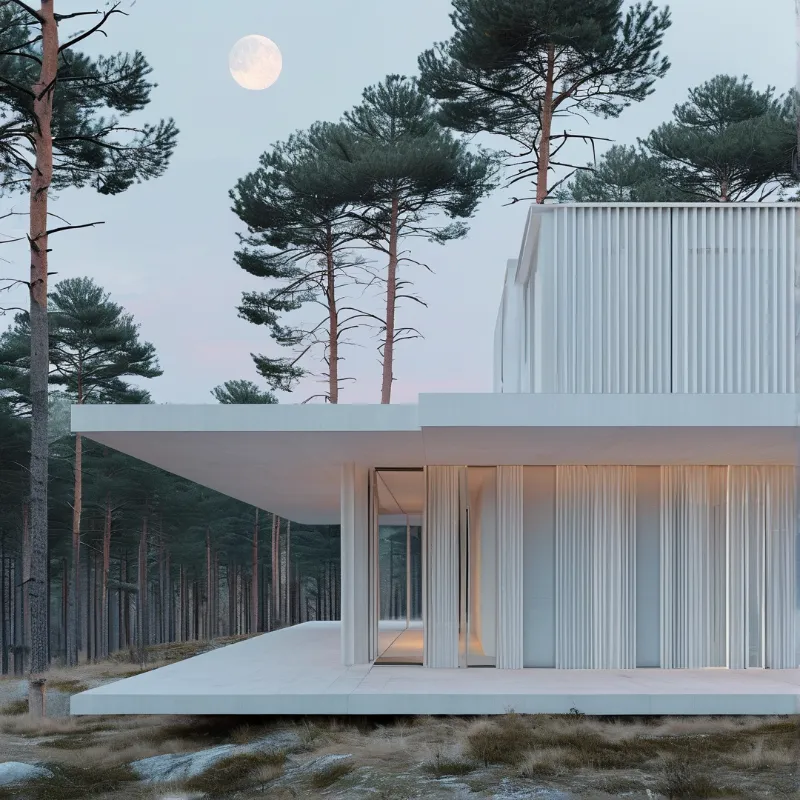 A minimalist white house with vertical siding sits among tall pine trees while a full moon hangs in the evening sky.