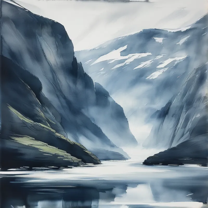 A scenic painting showing a fjord flanked by towering blue mountains with snow and calm water reflecting the scene.