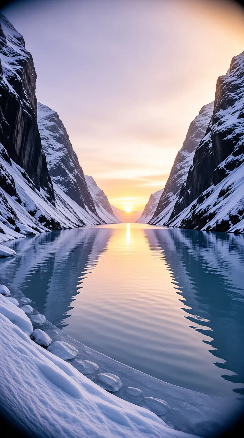 Snow covered cliffs frame a fjord where the sun sets on the horizon reflecting gold light across the blue water.