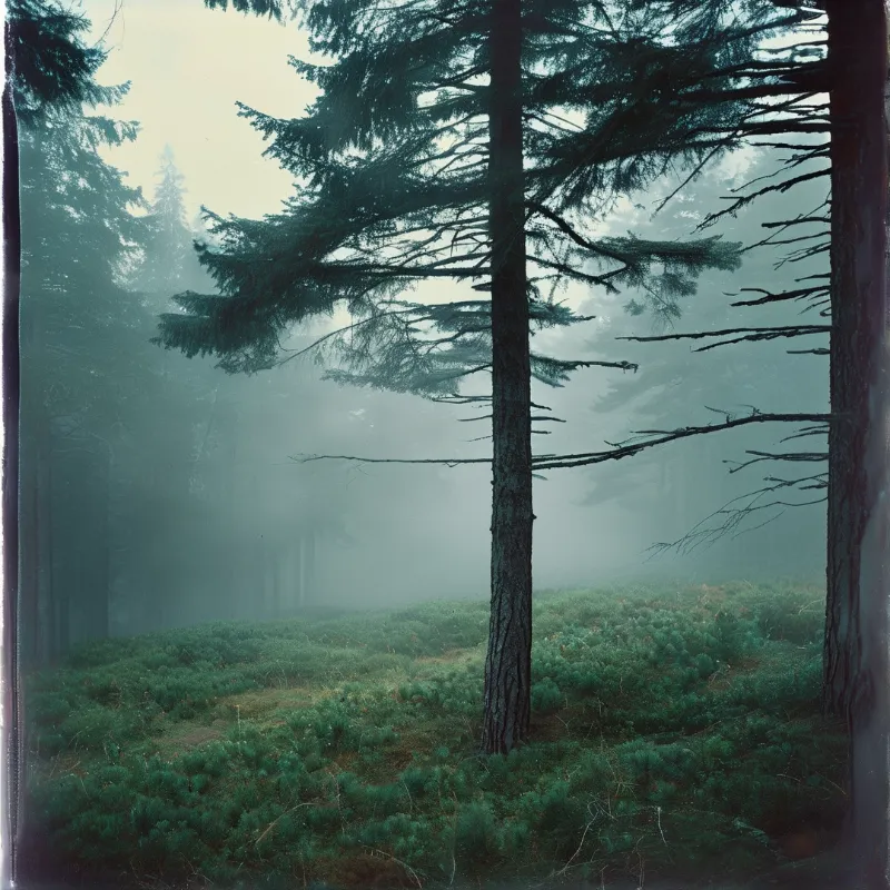 A thick fog obscures the background of a woodland area filled with tall vertical coniferous trunks and low ground cover.