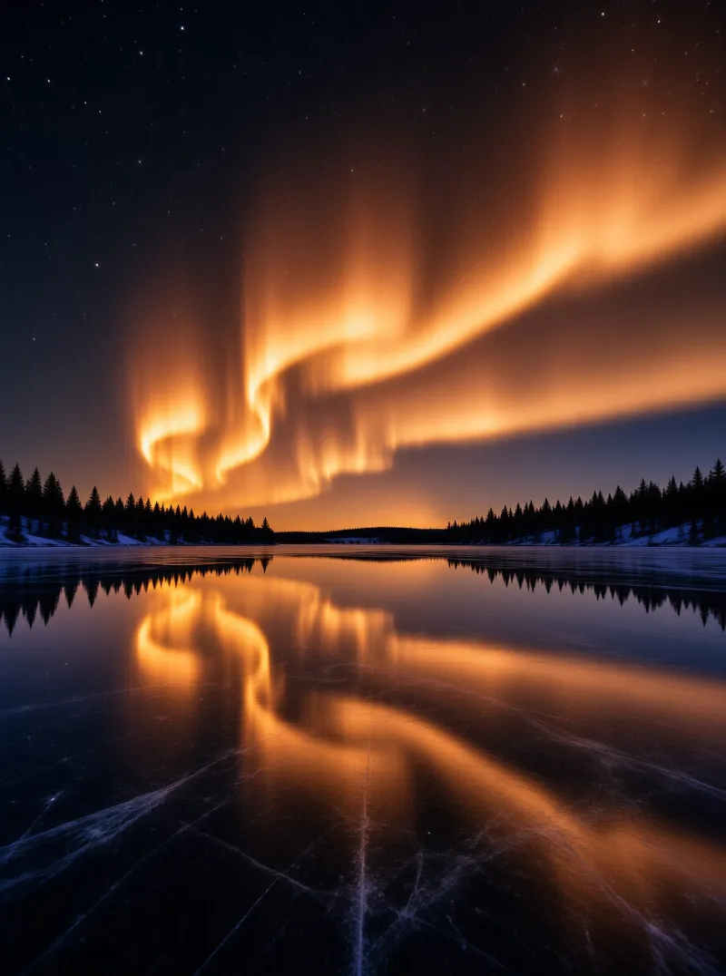 Orange aurora bands stretch across the starry sky and reflect onto a frozen lake bordered by a dark treeline.