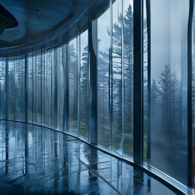A sleek reflective curved glass walkway faces a fogged evergreen forest under cool soft diffused light.