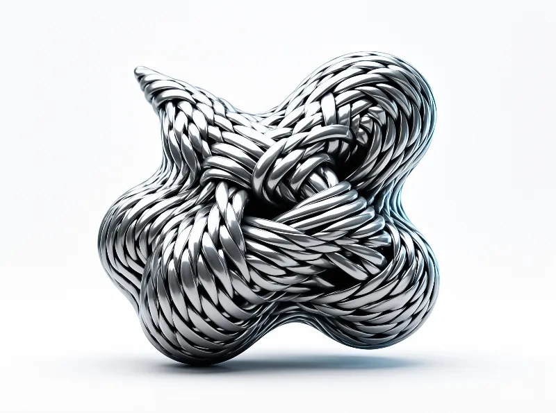 Shiny chrome strands weave together forming a knot suspended over a clean white backdrop.