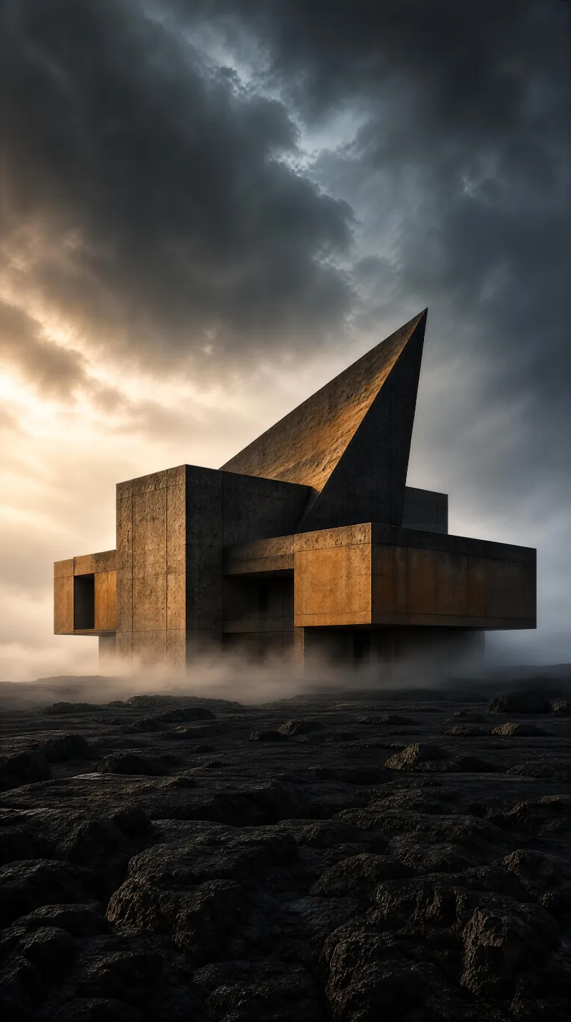 A modern concrete building with a sharp triangular roof stands on a rocky terrain under a cloudy sky with golden light filtering through